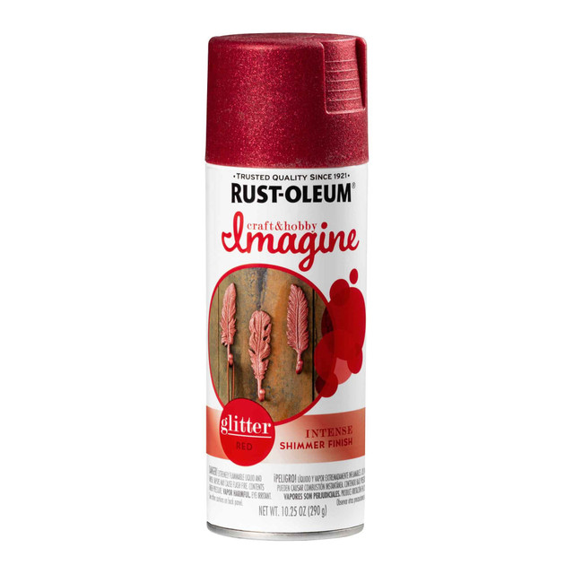 Make your DIY projects shine with Rust-Oleum Imagine Craft and Hobby Glitter Spray Paint. From picture frames to pottery, this glitter paint makes it easy to create a standout look.  Ideal for several indoor surfaces, such as wood, metal, wicker, glass, ceramic, pottery, craft foam, paper and plastic.  Shimmering finish adds a layer of intensity to your craft projects.  Apply over a base coat or primer of similar color for best results.  Oil-based formula creates a multi-dimensional glitter effect.  Sprayer allows fast, easy application.  Dries to touch in 20 minutes, recoat any time.