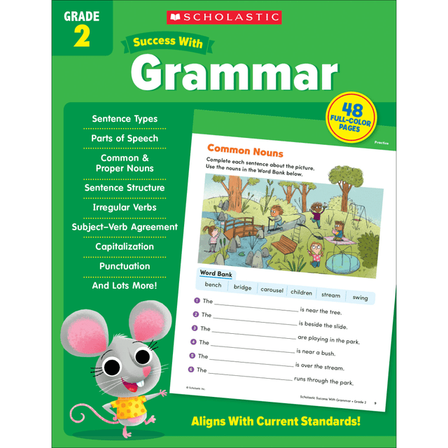 Inspire learning from an early age with help from the Scholastic Success With Grammar Workbook, which features engaging activities on each page. The workbook features grade-appropriate lessons to teach about parts of speech, subject-verb agreement and so much more.  Helps reinforce a variety of grammar concepts, including parts of speech, capitalization, punctuation, subject-verb agreement and more.  Offers a targeted design to help students enhance their grammar skills.  Contains 48 ready-to-reproduce pages.