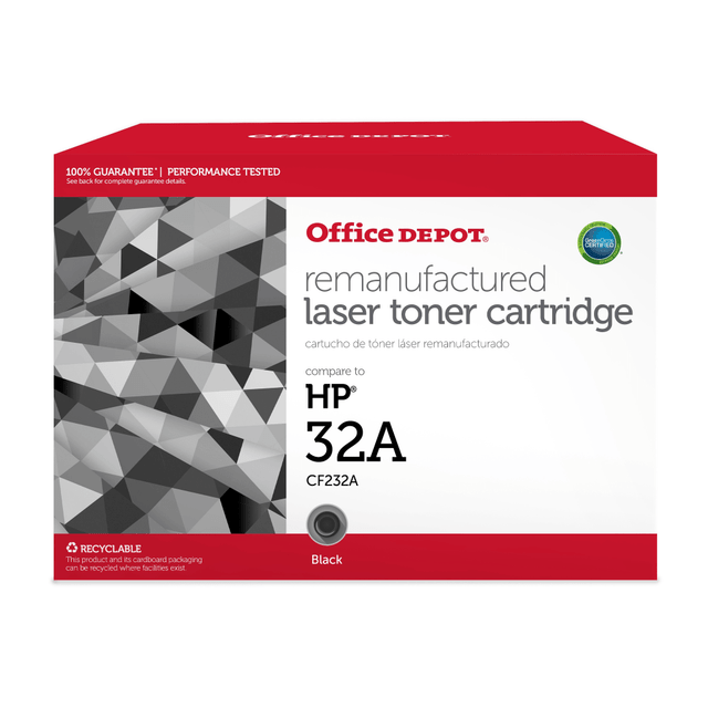 Reach for the Office Depot Brand OD32A Remanufactured Black Drum Unit Replacement For HP 32A to help manage your workload. The drum unit replaces your CF232A drum unit and helps yield up to 23,000 pages.  Comparable to the CF232A drum unit.  Yields up to 23,000 pages.  Fully tested for quality, reliability and page yields.  Remanufactured - made from quality recovered cartridges, helping you save resources, reduce waste and potentially save money.  Recycling solution - designed to encourage recycling, helping you divert materials from landfill.  Contains Recycled Content - See Specs for Details.
