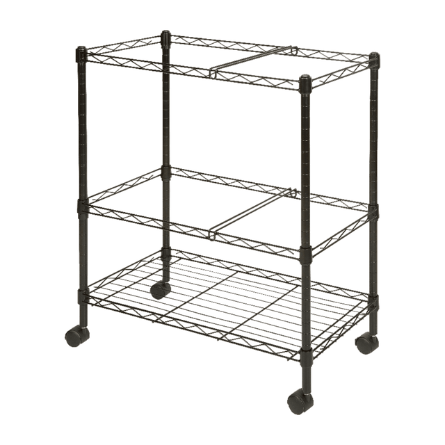 Smoothly move around your files with the Lorell mobile file cart. This mobile wire file cart has 2 tiers and comes in black with a powder-coated finish.  Includes 4 casters (2 locking).  Sturdy steel construction with a scratch-resistant, powder-coat finish.  Offers 2 tiers of mobile filing to organize projects anywhere in your office.  Accommodates letter-size and legal-size folders.  Black.  26inW x 12.5inD x 30inH  Wire file cart offers two tiers of mobile filing to organize papers and projects anywhere.  Letter-size folders can be placed in two rows for front-to-back filing or one lengthwise row on each file frame. The bottom shelf can be used for storage if additional filing is not needed.  File frames accommodate both letter-size and legal-size hanging file folders.  Wire cart is made of sturdy steel with a scratch-resistant, powder-coat finish. Two of the four swivel casters lock so you can secure the cart by your desk or file cabinet and it wonT roll away.  Assembly is required.