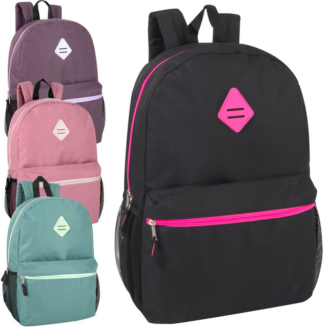 Carry all of your school essentials with these Trailmaker Solid Backpacks. These versatile backpacks include handy side mesh pockets for extra storage.  Adjustable padded straps for a custom fit.  Made from 600 denier polyester for lasting durability.  Spacious main compartment.  Easily accessible side mesh pockets.