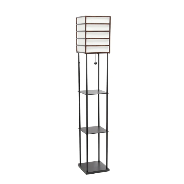 Fully illuminate your space and display photos and knickknacks with the Lalia Home 1-Light Metal Etagere Floor Lamp. A total of 3 shelves allow you to organize decor, while the linen shade casts a warm glow for reading or entertaining.  Durable metal base.  Linen shade.  3 shelves allow for storage and organization.  A 60W medium type A base bulb is required (not included).  Pull chain on/off.  Assembly required.  Floor lamp with 3 shelves for storage/display  Pull-chain on/off switch  Linen shade casts soft, warm glow  Lamp measures: L:10in x W:10in x H:60in  Uses 1 x 60W medium type A base bulb (not included)  Assembly required