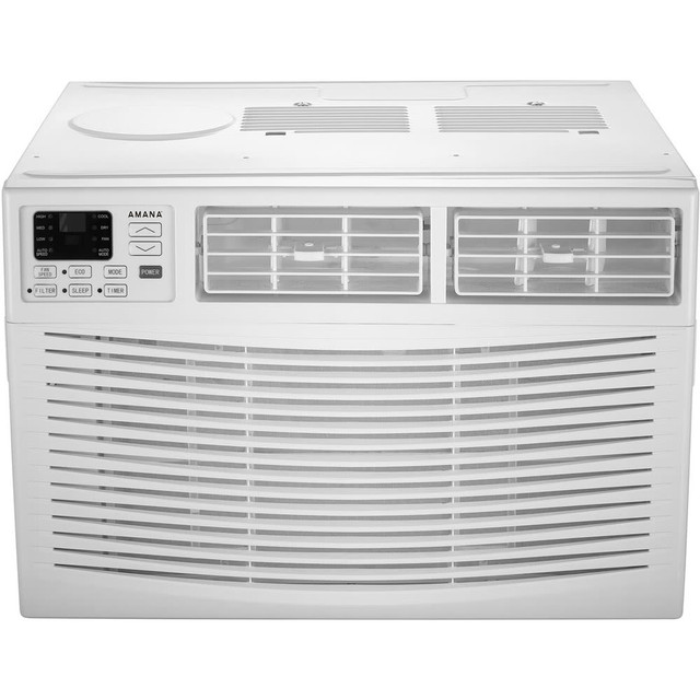 When the temperature gets unbearable, set up this window-mounted air conditioner in your space. The unit comes with a remote that lets you quickly adjust the temperature or speed setting with the push of a button, and the programmable timer allows you to choose when the unit will turn on and off.  Made of metal and plastic for strength over time.  Easily installs into your window to save floor space.  3 speed settings enable versatile use depending on the conditions.  Eco mode and Sleep mode offer unique operation options.  Programmable timer lets you customize the unit to your schedule.  Air filter is removable and can be washed for simple cleaning.  Built-in dehumidifier helps keep moisture out of your air.  Digital display makes the current temperature setting easy to view.  Comes with a remote control for convenient adjustments.  UL listed for safety.  Backed by the manufacturers 1-year limited warranty.  Provides cool air to cover a room up to 700 sq. ft.  Eco-conscious choice - has one or more meaningful eco-attributes or eco-labels.  This product is heavy and/or oversized and may need more than one person to handle.  Energy efficient - designed to use less energy than alternative products, potentially helping you save money and reduce your carbon footprint.