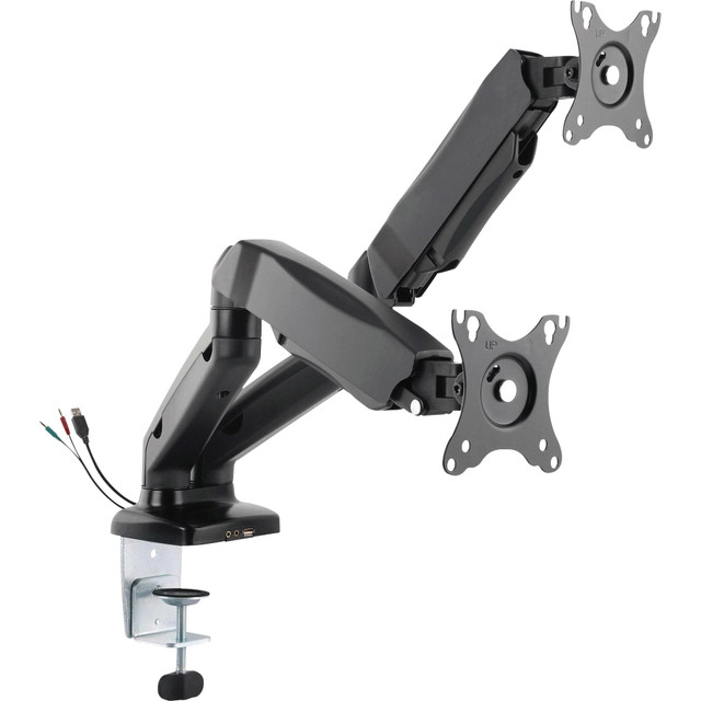 Adjust 2 monitors to your precise viewing specifications with the Lorell Dual Arm Monitor Mount. Change the height, tilt and swivel of each monitor with specific adjustments to promote viewing flexibility.  Holds up to 2 monitors at once.  Arm swivels 360 deg. from side to side.  Mounting plate swivels 180 deg..  Face of the mounting plate can rotate 360 deg..  Adjust the tilt from -45 deg. to 90 deg..  Height-adjustable arms.  Built-in spring gauge can be adjusted to suit various weights.  Mounting plate is 75mm x 75mm and 100mm x 100mm VESA-compatible.  Built-in USB 2.0 and audio ports are ideal for data transfers, charging and sound input/output.  Pear-shaped VESA slot allows for easy instillation.  Grommet mounting.  Built-in cable management.  Backed by the manufacturer's 5-year limited warranty.
