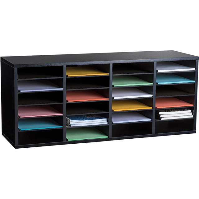 Keep your paperwork neat and tidy with the Alpine Adjustable 24-Compartment Literature Organizer. This organizer is crafted with medium-density fiberboard for durability and has adjustable plastic shelves for custom storage.  Made from medium-density fiberboard with plastic shelving for stability.  Fully finished on all exposed surfaces.  Boasts 24 letter-sized compartments that adjust in 2-1/2in increments.  Weight capacity tested to support 15 lb per shelf.  Sleek black design.