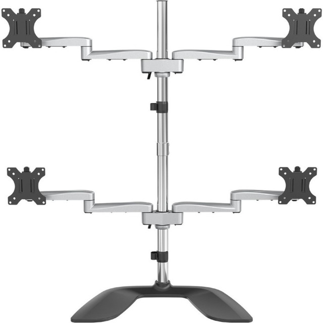 ADJUSTABLE SET UP: Quad monitor stand w/ cable management clips along the arms & center pole to organize cables for a tidy computer workspace & holds incl. adjustment tools for articulation tension  WIDE RANGE OF MOTION: Ergonomic articulating monitor stand with +90/-40 deg. tilt, +/- 90 deg. swivel, 360 deg. rotation; Each row of displays has a height adjustable range of 15.7in along 35.6in pole (tools incl)  STABLE & NON-SLIP: Aluminum free standing monitor mount w/ u-shaped base (11.8in (300mm) x 20.5in (520mm)) for max stability & flexible placement; Anti-slip rubber pads prevent scratches on desk surface  EASY INSTALLATION: Silver four LCD/LED monitor mount with slide-and-click design makes assembling the monitor arms & VESA adapters easy, reducing set-up time; Align monitors w/ micro height adjustment  QUAD (2X2) 32 INCH MONITOR STAND: VESA 75x75/100x100mm compatible heavy duty desktop multi monitor mount supports 4 displays up to 32in (17.6lb/8kg) per screen w/ articulation & height adjustment