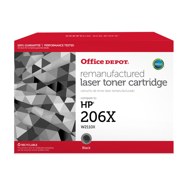 Compatible HP models: Color LaserJet Pro:  M255dw,  MFP M283cdw,  MFP M283fdw.  .  Add the Office Depot Brand Remanufactured High-Yield Black Toner Cartridge Replacement For HP 206X to your laser printer for consistent quality. The toner cartridge can yield up to 3,150 pages and is a replacement for your HP W2110X cartridge.  Comparable to the HP W2110X cartridge.  Yields up to 3,150 pages.  Helps provide bold blacks for reliable prints.  Helps Avoid Waste - Designed for extended use, helping reduce or eliminate material use and potentially save money.  Remanufactured - made from quality recovered cartridges, helping you save resources, reduce waste and potentially save money.  Recycling solution - designed to encourage recycling, helping you divert materials from landfill.  Contains Recycled Content - See Specs for Details.
