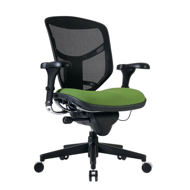 Find your ideal seating position easily with the WorkPro Quantum 9000 Series Mid-Back Desk Chair. The seat back of this mesh desk chair raises or lowers with a ratchet, the seat can be adjusted in height and depth and the armrests are fully adjustable, so you can truly customize your seat to fit you. With mesh fabric, this comfy office chair promotes airflow to help you stay cool and comfortable while tackling your to-do list. Plus, the lumbar feature supports your lower back, while the waterfall seat cushion helps reduce the stress on your legs to keep you comfortable from your first cup of coffee until you head home at the end of the day.  Ergonomic mesh back and mesh fabric seat construction.  Recommended for professional use 8-10 hours per day.  Weight capacity tested to support 275 lb.  Overall Dimensions: 37-1/2in to 43-3/4inH x 29-1/2inW x 28inD.  Mesh back features an adjustable-height, convex-shaped design.  Lumbar supports your lower back.  Adjustable seat height and depth.  Gliding, waterfall seat cushion.  Adjustable back tilt pressure tension control.  Synchro-Tilt with 3-position tilt lock.  Height-, pivot angle- and forward-backward slide-adjustable gel armrests.  5-star base with dual caster wheels.  Assembly required.  Mesh office chair boasts a lime green fabric seat and black frame.  Seat is upholstered with premium fabric - a thicker and heavier woven fabric for added durability.  Backed by the manufacturers limited lifetime warranty.  GREENGUARD certified - certified for low chemical emissions: UL.COM/GG - UL 2818. Ranked in two tiers: Certified and Gold.  ANSI/BIFMA Compliant - This product has been tested and verified for compliance with rigorous performance requirements and safety standards related to specific furniture products.  Less harsh chemicals - made with fewer harsh chemicals, or safer chemicals than typical alternatives, helping  reduce your use of and exposure to substances that may be more harmful to your health and the environment.  Contains Recycled Content - See Specs for Details.
