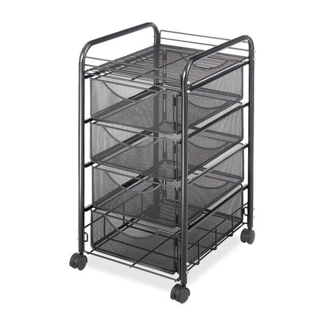 Store this rolling cart with drawers underneath your desk or near the conference table to minimize workspace clutter. Equipped with 4 storage drawers, this mobile file cart makes it easy to keep office essentials easily accessible.  Store letter-size folders and more in this rolling storage cart.  Stores under your desk or work surface when not in use.  Top shelf is perfect for additional filing supplies and more.  Made of durable steel mesh with a powder-coat finish.  Rolls easily on four 1 1/2in swivel casters (2 locking).  Powder Coat Finish  GREENGUARD certified - certified for low chemical emissions: UL.COM/GG - UL 2818. Ranked in two tiers: Certified and Gold.  Less harsh chemicals - made with fewer harsh chemicals, or safer chemicals than typical alternatives, helping  reduce your use of and exposure to substances that may be more harmful to your health and the environment.