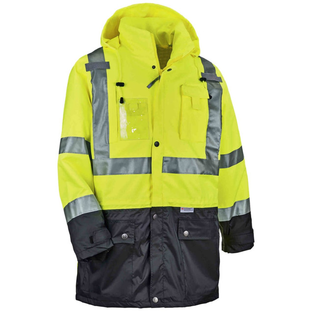 Make sure you are protected during the work day by wearing this Ergodyne GloWear Outer Shell Jacket. The Type R Class 3 Jacket offers a breathable PU coating and polyester mesh lining for comfort and features ANSI-compliant reflective details to keep you visible in low-light conditions.  Made of 300-denier oxford polyester with weatherproof properties  PU coating and a polyester mesh lining help offer breathability.  Dark panels help hide dirt and wear.  2 external front pockets with snap flaps, a cellphone pocket on the chest and an external zippered chest pocket for storage. Features dual mic tabs for radios and a clear ID badge holder.  Fits over the 8287 inner jacket to create a thermal 4-in-1 jacket (8287 inner jacket sold separately).  YKK #5 zippers for durability.  2in ANSI-compliant 3M Scotchlite reflective properties help you stay visible.  Inset hood with drawstrings and stoppers to protect against the elements.
