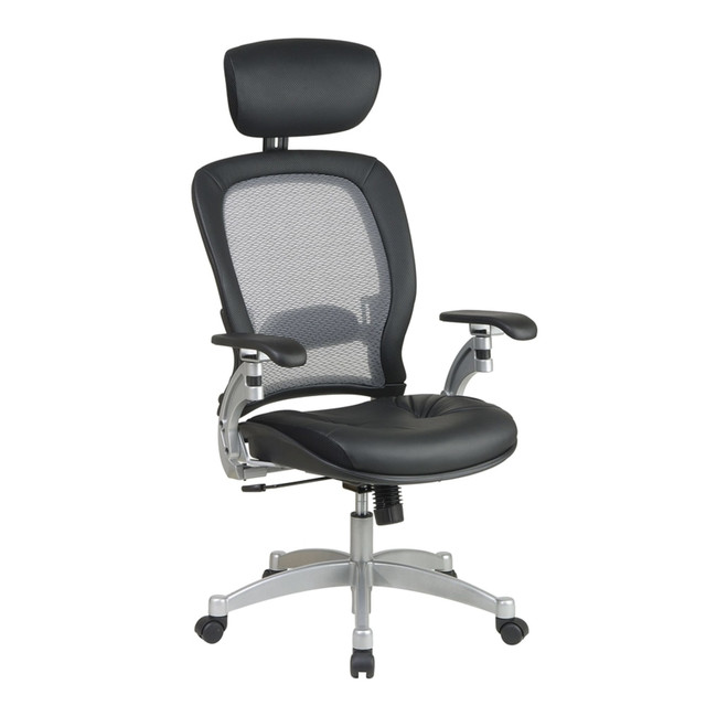 Unsurpassed up-to-the-minute ergonomic design arrives in the form of the professional Light Air Grid back and Bonded Leather seat chair. This intelligently designed chair provides both comfort and support to your body and mind with an amazingly strong yet lightweight breathable Air Grid back that conforms to your body's unique contours. The added adjustable lumbar support and thick padded black Bonded Leather seat affords for hours of cozy seating, minimizing fatigue and alleviating pressure on the spine. A one touch pressurized pneumatic seating adjustments allows you to elevate to the perfect height, while the 2-to-1 synchro tilt control, with adjustable tilt tension helps to personalize this chair to everyone's particular needs. A 4-way adjustable flip arm with soft PU pads allows for a comfortable and cozy place to rest your hardworking hands and a heavy duty platinum finished base with end caps and oversized dual wheel carpet casters lets you to glide effortlessly while protecting the base from scuffs & scratches.  Features Top Grain Leather material that is durable as well as sturdy  5 Caster - Allows for smooth mobility  Comfortable seating  Adress your work needs comfortable with this Executive Chair  Featured with Lumbar Support for comfortable seating experience  5-star stylish base  Adjustable padded headrest for increased support. The wide, soft headrest can be easily raised or lowered to provide optimum support for your head and neck, allowing you to work in executive-style comfort with less stress and strain.  Measures 54 1/2inH x 27 1/2inW x 27inD.  GREENGUARD certified - certified for low chemical emissions: UL.COM/GG - UL 2818. Ranked in two tiers: Certified and Gold.  Tested to meet ANSI/BIFMA Performance Standards - Manufacturer testing has been conducted on this product to meet specific performance requirements and safety standards set forth by the American National Standards Institute (ANSI) and the Business and Institutional Furniture Manufacturers.  Less harsh chemicals - made with fewer harsh chemicals, or safer chemicals than typical alternatives, helping  reduce your use of and exposure to substances that may be more harmful to your health and the environment.