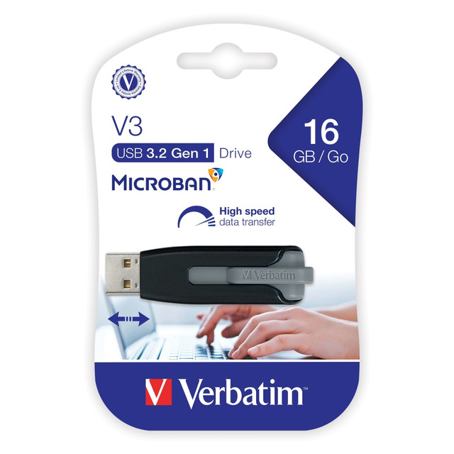 World-class storage at your fingertips!  Save and transfer your data faster with the USB 3.2 Gen 1 interface  Save and transfer your files faster with Verbatim Store ‘n' Go V3 USB drives. Featuring a cap-less design, the retractable housing protects the USB connector and easily slides in and out.  The USB 3.2 Gen 1 interface offers faster data transfer speeds versus USB 2.0 making it easy to transfer multiple files at once or larger files without error. No USB 3.2 Gen 1 ports? No worries! This is drive is backwards compatible with USB 2.0 ports.  These Verbatim USB drives include built-in Microban antimicrobial product protection. This antimicrobial technology helps prevent the growth of bacteria - keeping your USB drives cleaner!  USB drive offers a 16GB memory capacity.