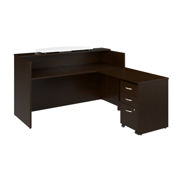The Bush Business Furniture Arrive 72inW x 72inD L Shaped Reception Desk with Counter and Mobile File Cabinet provides a stylish and practical solution for welcoming guests to your offices waiting room. Greet visitors at a front desk that includes a raised shelf for signing in and completing paperwork.  Bundle includes: 72inW x 30inD Reception Desk with Shelf, 42inW Desk Return, Bow Front Reception Counter, 3 Drawer Mobile File Cabinet.  Durable thermally fused laminate surface and sturdy end panels protect against everyday damage.  Desktop supports 200 pounds and includes wire management to keep cords and cables out of the way.  Raised reception shelf and counter provide an ideal space for guests to sign in and complete paperwork.  Counters white finish and large front panel allow users to add a custom logo for their business or organization.  Filing cabinets lower drawer accepts letter, legal, and A4-size papers  two box drawers store office supplies.  Rolling file cabinets two bottom drawers can be locked to protect sensitive documents and personal items.  Rigorously tested to meet or exceed ANSI/BIFMA standards for safety and performance.  Backed by the Bush Business Furniture 10 Year Manufacturers Warranty.  This product is heavy and/or oversized and may need more than one person to handle.
