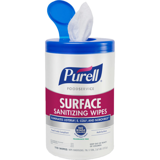 PURELL Foodservice Surface Sanitizing Wipes quickly kill 99.9% of germs on hard surfaces, including norovirus, E. coli, Salmonella, cold & flu, and human coronavirus. These thick, premoistened surface wipes tackle tables, menus, counters, and anywhere else that needs a quick solution. Because there are no precautionary statements and no harsh chemicals, gloves, handwashing, and rinsing aren"t needed - even on food-contact surfaces.  Kills human coronavirus (COVID-19) in 30 seconds  Thick, premoistened surface wipes make it easy to disinfect high-touch hard surfaces throughout the day and promote well-being with a convenient and fast solution  Kills 99.9% of viruses and bacteria, including cold & flu, strep, norovirus, Listeria, E. coli, and Salmonella; eliminates human coronavirus in just 30 seconds  No rinse required even on food-contact surfaces; because there are no precautionary statements and no harsh chemicals, gloves and handwashing are not needed - plus its safe to use on many hard surfaces  Tackles the unique sanitizing needs that food service establishments have with mild ingredients; EPA Toxicity Category IV Best Possible Safety Rating and meet 60-second food-contact sanitization requirements