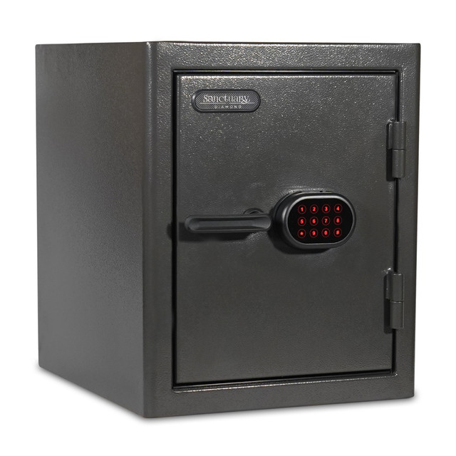 Keep valuables safe against theft, fire and water damage with the Sanctuary Diamond Fireproof/Waterproof Home And Office Safe With Electronic Lock. The compact steel safe is ideal for storing small valuables, jewelry and important documents. Its Triple Seal construction creates a barrier against water, fire and smoke to protect your items in the event of an accident or natural disaster.  Made of industrial steel with four 5mm steel locking plates, 2 active and 2 dead plates.  Waterproof for up to 7 days in 9in of standing water when bolted down.  Fireproof for 90 minutes in temperatures up to 1,800 deg.F.  Unlock with the digital keypad.  Electronic lock is illuminated for easy viewing.  Includes 2 Fail Safe override keys.  Door features 4 key hooks for convenient storage.  Interior is fully carpeted with 2 height adjustable shelves and a pocket.  Interior provides a bright LED light for clear visibility.  Save time - no assembly required.  Backed by the manufacturers full lifetime warranty.  This product is heavy and/or oversized and may need more than one person to handle.
