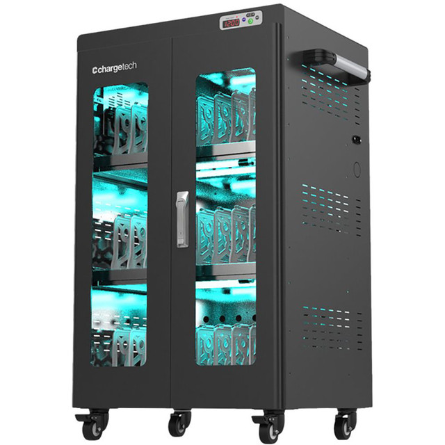 Make charging all your devices easy with the ChargeTech 30 bay metal UV clean and change cart. Each cart includes UV lights that clean your items as they are being charged.  3 shelves offer 30 charging ports.  Holds up to 100 lb.  Sleek black finish gives this cart a modern feel.  Includes a UV  light that cleans your items as it charges.  Backed by manufacturer's 1-year limited warranty.