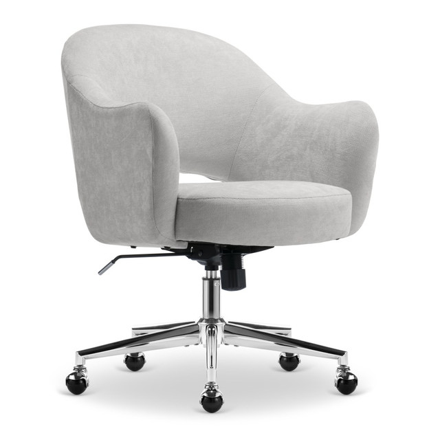 Reimagine your workspace with the Serta Mia Home Office Chair. Inspired by the iconic styles of the 70s, it's an invitation to a world of style and luxurious comfort. The rounded back and gently sloping arms envelop you in feathery velvet that feels soft against your skin. The polished base adds a refined and elegant touch that elevates the entire look. This fashionable office armchair delivers medium-firm comfort with a well-cushioned mid-back that offers support for casual work sessions. The pocket coil seat is layered with high-density foam to keep things comfortable while the sculpted armrests ensure ergonomic positioning for extended chats or brainstorming sessions.  Soft, lush velvet upholstery.  Rounded silhouette and mid-back design.  Curved armrests and open back for stylish flare.  Ergonomic office chair features a comfortable, foam-padded seat cushion.  Easy-lift lever to adjust height settings.  Recline lockout with adjustable rocking tension.  Lightweight, supportive metal base.  Swivel ball casters glide across most carpet types.  Weight capacity tested to support 275 lb.  Casters are intended for use on carpet and are not recommended for use on tile or hardwood floors.  Overall Dimensions: 36-1/2inH x 26-3/4inW x 29-1/2inD.  Backed by the manufacturer's 1-year limited warranty.  Tested to meet ANSI/BIFMA Performance Standards - Manufacturer testing has been conducted on this product to meet specific performance requirements and safety standards set forth by the American National Standards Institute (ANSI) and the Business and Institutional Furniture Manufacturers.