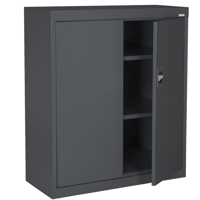 Manage your space with help from this storage cabinet. The cabinet comes with 3 shelves, allowing you the flexibility you need to create space for your things.  22 gauge, welded steel cabinet offers strong construction and a chip- and corrosion-resistant powder-coated finish.  Features 3 shelves, 2 of which are adjustable to suit your needs.  Reinforced door stiffener panels provide rigidity.  Recessed handle sports a 3-point locking system for security.  Weight capacity tested to support 600 lb.  Weight capacity per shelf tested to support 200 lb.  Save time - no assembly required.  This product is heavy and/or oversized and may need more than one person to handle.