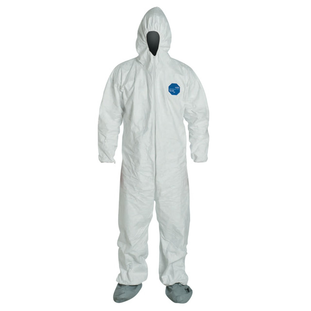 Having these DuPont Tyvek coveralls in your workplace helps protect wearers while on the job. The coveralls come with an attached hood and boots that offer slip-resistant protection on potentially wet surfaces.  Features an inherent barrier to protect against particles as small as 1.0 micron.  Made of flash-spun, high-density polyethylene Tyvek material that is dependable and can stretch as you bend.  Reinforcement in high-stress areas helps prevent blowouts.  Elastic openings offer a tight fit at the wrists.  Zipper extends to the chin to cover your neck area.  Attached boot features an elasticized face opening to accommodate a respirator face mask.  Attached Tyvek FC boots are coated to resist slippage.