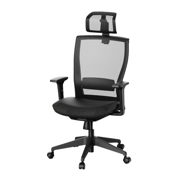 Prevent muscle fatigue throughout the workday while seated in a FlexiSpot C4B Ergonomic Mesh High-Back Office Chair. Adjustable lumbar support and recline help you find your ideal working position. Breathable mesh upholstery helps you stay cool and comfortable.  Ergonomic office chair provides comfort throughout the day.  Recommended for professional use 8-10 hours per day.  Weight capacity tested to support 300 lb.  Overall Dimensions: 46-3/4inH x 27-5/8inW x 27-5/8inD.  High mesh back offers support and breathability.  Features adjustable lumbar support.  Equipped with a foam seat.  Adjustable office chair can recline to 126 deg. with 3 locking positions.  Headrest raises and lowers up to 3-3/16in and tilts up to 20 deg..  Integrated adjustable armrests.  Assembly required.