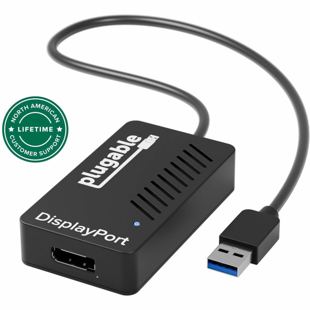 Featuring the highest-performance DisplayLink DL-5500 chipset, the Plugable UGA-4KDP graphics adapter lets you connect an additional DisplayPort display up to 3840x2160@30Hz (4K/UHD/2160p) to your Windows-based laptop, desktop, or tablet via USB 3.0. Drivers available for Windows 11/10/8.1/7. Supports Intel and M1 Macs on macOS 10.14+ with driver installation. Supports DisplayPort displays up to 3840x2160/4K. 3840x2160 mode has a refresh rate of 30Hz, while 3440x1440 supports 50Hz. 2560x1600, 2560x1440, 2560x1080, 1920x1080 (1080P) and lower modes refresh at 60Hz. 4K/UHD output requires compatible 4K/UHD display. Audio outputs in stereo format; 5.1 output not supported. If connecting a 4K HDMI display, an HDMI 1.4 "active" adapter such as the "Plugable DP-HDMI" must be used. Passive adapters and all DVI adapters will limit output to 2048x1152. Dual-link DVI monitors (Qnix, Yamakasi) not supported. Does not support HDCP, and will not allow for playback of encrypted Bluray disks or copy-protected content. Not recommended for gaming.   2 YEAR WARRANTY-We love our Plugable products, and hope you will too. All of our products are backed with a 2-year limited parts and labor warranty as well as Seattle-based email support  BOOST PRODUCTIVITY-Maximize your productivity and workspace. With multiple displays, you are able to get more done in less time especially on tasks that have you working across a handful of windows and tabs  COMPACT AND PORTABLE-Easily stow in any backpack or laptop bag, taking up roughly the same space as a pack of playing cards. No external power adapter needed  BROAD COMPATIBILITY-Works with any modern Windows laptop, desktop, or tablet device, and most legacy Windows systems. Supports Intel and M1 Macs on macOS 10.14+  MULTIPLE DISPLAYS-Connect multiple USB 3.0 display adapters to your computer to expand your screen space with up to 6 additional 3840x2160 DisplayPort displays (one 4K display per adapter)