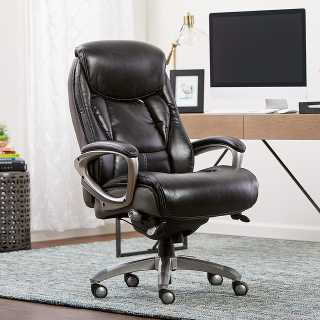 Place this high-back chair in your office to manage the days tasks without strain on your back or legs. The chair is designed with a 5-layer cushioning system, which combines ComfortCoils and foam, and wheels for simple mobility.  Overall Dimensions: 40 3/4inH x 27inW x 30inD.  Weight capacity tested to support 250 lb.  Bonded leather and mesh, plus deep, layered body pillows, create a soft, breathable seat. Smart Layers Technology offers 5 layers of cushioning with foam on top of plush ComfortCoils.  Lumbar feature supports your lower back and enhances the natural curve of your spine.  Waterfall seat cushion slopes slightly downward to help reduce stress on your legs.  Ergonomic height and seat adjustments let you find the position that suits you.  Tilt adjusts to different angles for various tasks.  Metal and plywood construction is strong and stable. Wheels allow smooth movement around the office.  Swivels for access to items in any direction.  Assembly required.  Tested to meet ANSI/BIFMA Performance Standards - Manufacturer testing has been conducted on this product to meet specific performance requirements and safety standards set forth by the American National Standards Institute (ANSI) and the Business and Institutional Furniture Manufacturers.