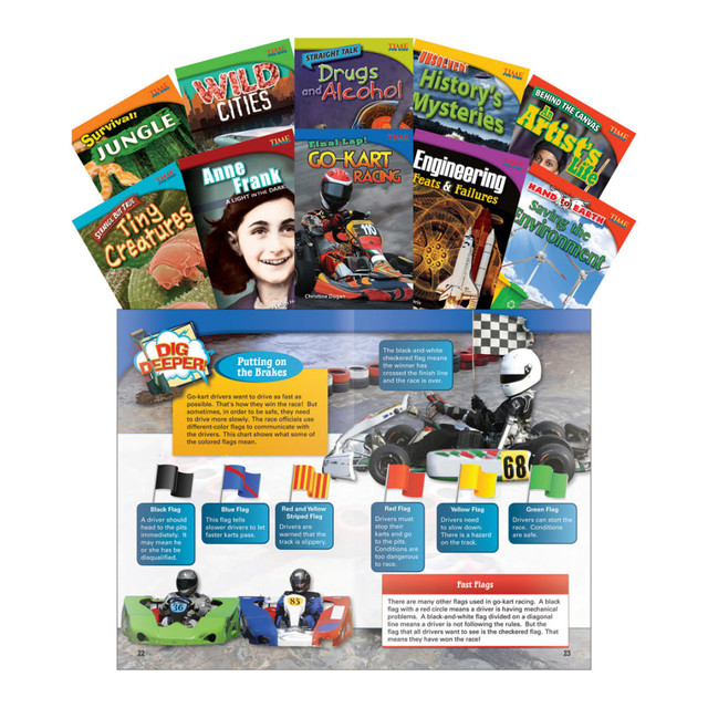 Build your classrooms library and add supplemental reading material to your curriculum with this book set. Kids will love the high-interest subject materials, which include concepts and themes ranging from math and science to social studies.  Each set includes a wide range of topics that provide kids with interesting material while building their reading skills.  Colorful images grab attention and help draw students in.  Designed to meet Common Core standards.  Designed for students in fourth grade.  Set of 10 books provides your classroom library with an instant boost. Titles include Survival! Jungle, Wild Cities, Behind the Canvas: An Artists Life, Unsolved! Historys Mysteries, Final Lap! Go-Kart Racing, Straight Talk: Drugs and Alcohol, Strange But True: Tiny Creatures, Anne Frank: A Light in the Dark, Hand to Earth: Saving the Environment and Engineering: Feats & Failures.