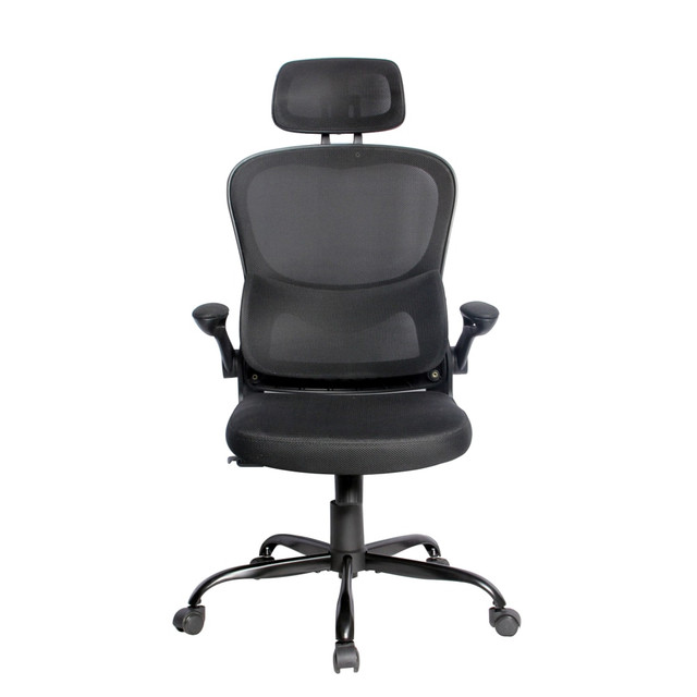 With this high-back office chair, its easy to stay comfortable and focused. The managers chair is covered in mesh and fabric for a soft, breathable design. The height-adjustable chair works with users of different sizes.  Overall Dimensions: 45-1/2 to 49-1/4inH x 23-13/16inW x 26inD.  Recommended for essential use 0-4 hours per day.  Weight capacity tested to support 250 lb.  Mesh and fabric upholstery with sponge cushioning.  Class 3 gas lift and a butterfly mechanism.  Adjustable armrests.  Nylon base with wheels.  Swiveling design.  Assembly required.  Backed by the manufacturers 90-day limited warranty.