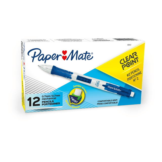 Perfect for note-making and test-taking, Paper Mate Clearpoint Mechanical Pencils have a convenient side-click lead advance, comfortable grip and #2 lead.  Create clear, precise lines every time  Side lead advance lets you load lead without losing your grasp  0.7mm, #2 leads are perfect for standardized tests  Jumbo twist-up eraser makes erasing easy  Soft grip design adds comfort and ease  Includes twelve 0.7mm mechanical pencils  Refillable - designed to be used repeatedly, helping you avoid single-use disposables and potentially save money.