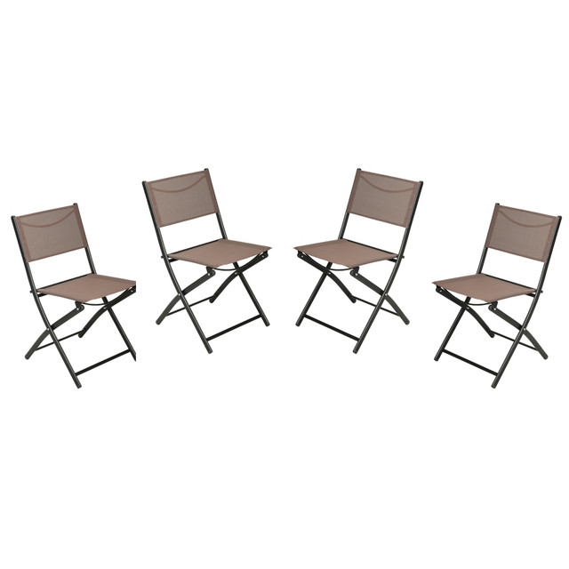 Bring stylish seating to your backyard, patio, or porch with this set of four commercial grade, flexible, comfortable, and reliable outdoor folding chairs.  Set of Four Commercial Grade Outdoor Folding Chairs  Available in Multiple Colors  Breathable, Rip-Resistant Textilene Seats and Backs for Flexibility and Comfort  Versatile Style for Patio, Backyard, Porch, or Deck at Home, or Restaurant, Bar, Bistro, or Cafe  Portable and Foldable for Easy Carrying and Movement  Weather and Rust-Resistant, Quick to Dry  Sturdy Steel Frame Holds up to 300 lbs. Static Weight  No Assembly Required  Cleans Easily With Water and Neutral Cleaner