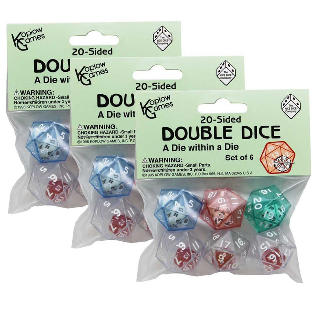 Koplow Games 20-sided double dice, a die inside of a die, is great for math games!  Roll it and add, subtract, multiply or divide the numbers.  A great way to practice and understand basic math skills and enhance games and activities.  Each pack includes 6 dice in assorted colors. Sold as 3 packs for a total of 18 dice.