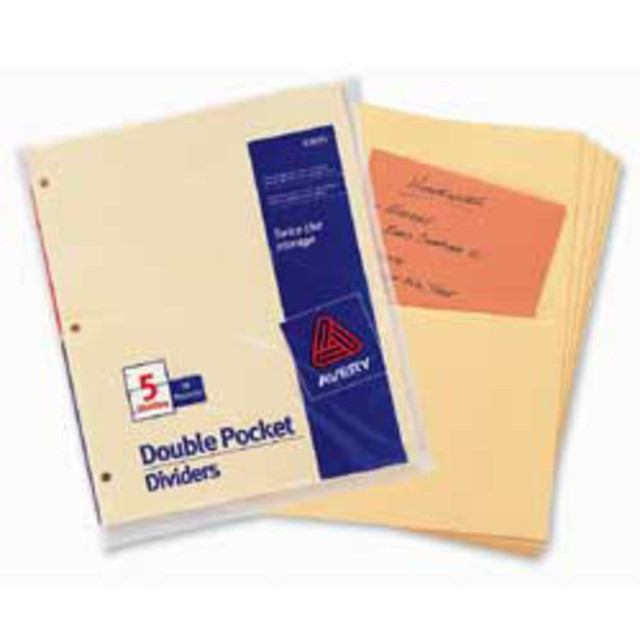 Double pocket dividers store letter-size and smaller documents without punching or folding them. Three-hole punched to fit any standard three-ring binder. Each divider features two durable pockets, one on each side.  Double pocket dividers store letter-size and smaller documents without punching or folding them  3-hole punched to fit any standard 3-ring binder  Features 2 durable pockets, one on each side  Tab-less design keeps papers sorted without distraction of multiple tabs  Size: Letter 8.50in x 11in; packaged quantity: 5 / Pack  Contains Recycled Content - See Specs for Details.