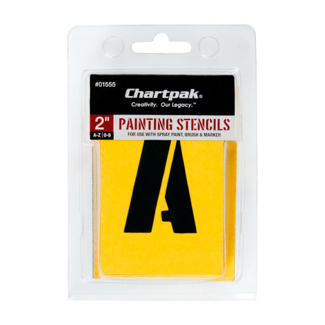 Easy way to produce painted lettering for posters, display, signs and projects  For use and reuse. Individual Gothic-style letters and numbers are cut from heavy yellow stencil board.