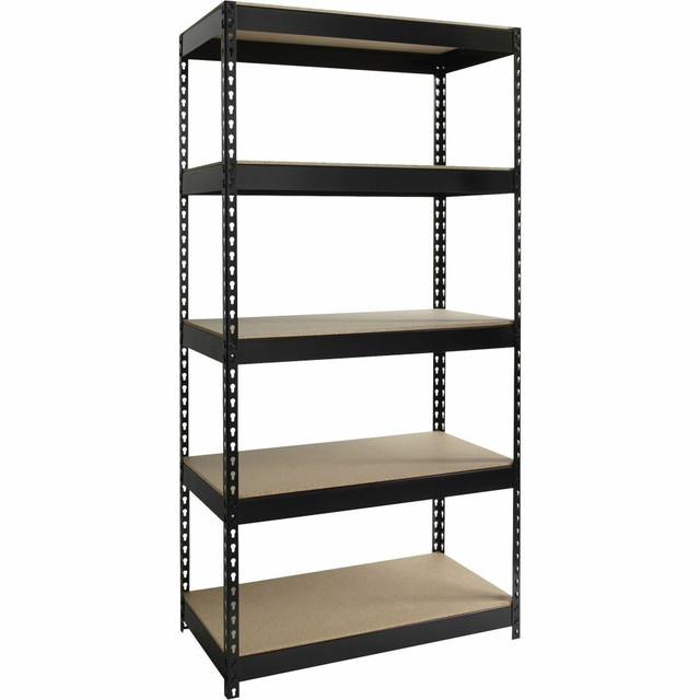 Includes 5 shelves and holds a total capacity of 3,800 lb. - evenly distributed  Heavy-duty, riveted steel construction; shelf made of treated particleboard  Boltless design assembles with rubber mallet in less than 30 minutes  Shelving assembles vertically or horizontally to fit most any space  This product is heavy and/or oversized and may need more than one person to handle.  Contains Recycled Content - See Specs for Details.