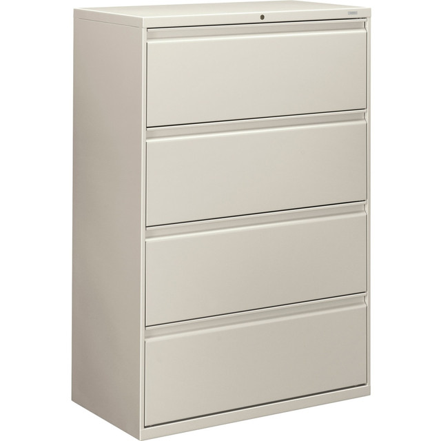 Drawers accommodate letter- or legal-size folders from side-to-side with included adjustable hangrails  Lateral file offers clean lines, reinforced case construction, dual side locks for security, and full-width, designer-style handles with magnetic label holders.  Baked enamel finish over rust-inhibiting, phosphate pretreatment adds more durability.  3-part, telescoping, ball-bearing suspension delivers smooth drawer operation.  Drawers are flush at the top and sides and feature drawer extension restraint.  Mechanical interlock allows only 1 drawer to open at a time.  Design also offers 4 adjustable leveling guides for stabilizing and HON One Key interchangeable core, removable locks. Lock mechanism secures both sides of drawers.  Certified by SCS to be in compliance with specific indoor air quality emission requirements.  BIFMA level 2 certified - reduced impact from multiple eco-attributes and/or social attributes. Ranked in three tiers: level 1, 2, or 3.  SCS Indoor Advantage certified - meets strict indoor air quality guidelines. Ranked in two tiers: Certified and Gold.  Tested to meet ANSI/BIFMA Performance Standards - Manufacturer testing has been conducted on this product to meet specific performance requirements and safety standards set forth by the American National Standards Institute (ANSI) and the Business and Institutional Furniture Manufacturers.  This product is heavy and/or oversized and may need more than one person to handle.  Less harsh chemicals - made with fewer harsh chemicals, or safer chemicals than typical alternatives, helping  reduce your use of and exposure to substances that may be more harmful to your health and the environment.  Contains Recycled Content - See Specs for Details.