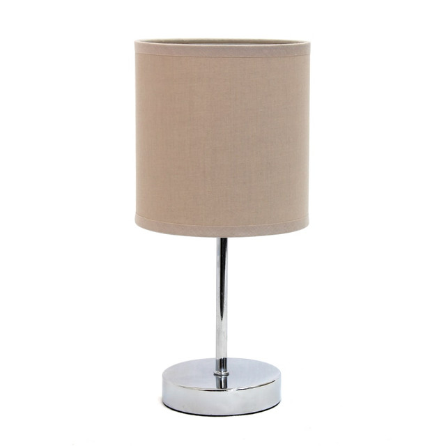 Colorful table lamp gives your area a great look  Chrome base is weighted for extra stability.  Fabric shade helps give your room a vibrant, cheery appearance.  Uses a 40W type-B E12 candelabra-base bulb (not included).  Designed for placement on a table.  Rotary on/off switch for easy operation.  5ft cord allows flexible placement.  UL listed for safety.  Save time - no assembly required.  Gray Fabric shade  Mini chrome base  Perfect for living room, bedroom, office, kids room, or college dorm  Height: 11in Shade diameter: 5.51in  Uses 1 x 40W type B E12 Candelabra Base bulb (not included)