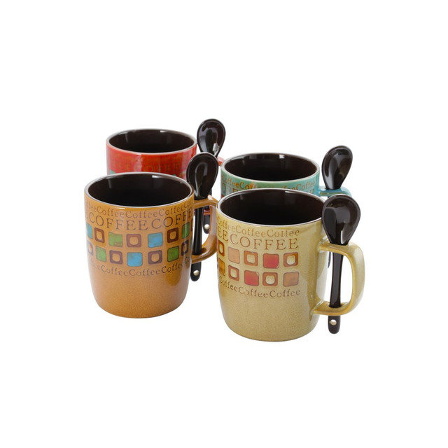 Enjoy a cup of coffee or tea with friends, family or coworkers using a Mr. Coffee Mug And Spoon Set. The built-in spoon holder in the handle of each mug makes it simple to keep the matching spoon with the mug, and the mugs and spoons are microwave- and dishwasher-safe for easy use and cleanup.  Built-in spoon holder keeps the matching spoon with each mug.  Microwave-safe design lets you heat or reheat hot beverages with ease.  Dishwasher-safe mugs and spoons allow easy cleanup.  Made of stoneware with a "coffee" motif.  Includes four 13-oz. mugs and 4 spoons. Colors are brown, sand, red and blue.