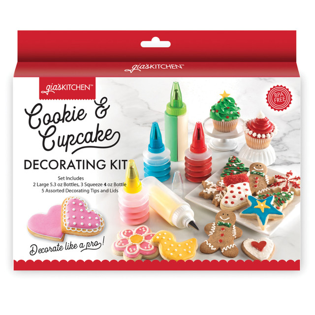 Create something fun with the giasKITCHEN 15-Piece Cookie & Cupcake Decorating Kit. This kit has everything you need to add fun designs to your baking, including squeeze bottles, lids and decorating tips.  Ideal for use in baked goods decorating.  Made from BPA-free plastic for durability. Tips are made from stainless steel.  Top-rack dishwasher safe. Hand washing is recommended.  Includes: two 5.3 oz bottles, three 4 oz squeeze bottles, 5 assorted and interchangeable decorating tips and 5 interchangeable lids.