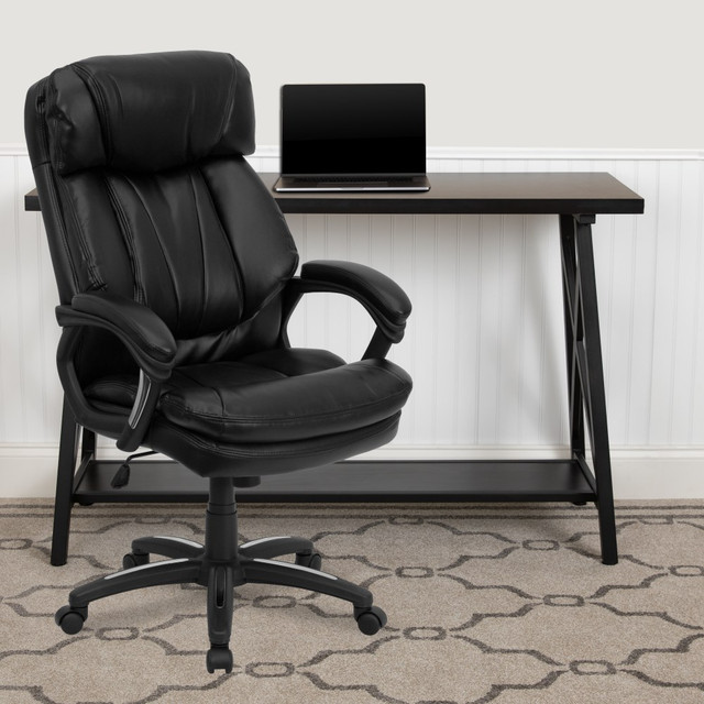 Create a comfortable work space with the addition of a Flash Furniture Ergonomic LeatherSoft High-Back Executive Office Chair. The contoured seat and back are padded with foam for lasting support. A rolling base gives you freedom to move with ease.  Ergonomic office chair provides comfort throughout the day.  Recommended for performance use 6-8 hours per day.  Weight capacity tested to support 250 lb.  Overall Dimensions: 47inH x 27-1/4inW x 31inD.  High back with an integrated pillow top headrest.  Leathersoft-upholstered back and seat.  Built-in lumbar support.  Contoured seat and back.  Padded with CAL 117 fire-retardant foam.  Adjustable office chair boasts pneumatic height controls, a tilt lock mechanism and a tilt tension adjustment knob.  Dynamic swivel seat.  Boasts padded arms.  Heavy-duty nylon base with dual wheel casters.  Assembly required.  Faux Leather is a synthetic material. See specs for details.