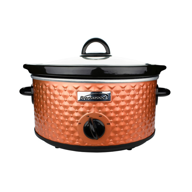 Cook up something delicious in your Brentwood Diamond Pattern Slow Cooker. Ceramic and metal construction withstands meal after meal, and the cool touch handles help prevent burns.  3 cooking modes: low, high, warm.  Metal body with ceramic interior withstands wear.  Cool-touch handle helps prevent burns.  Dishwasher safe parts.  Backed by the manufacturers 1-year limited warranty.