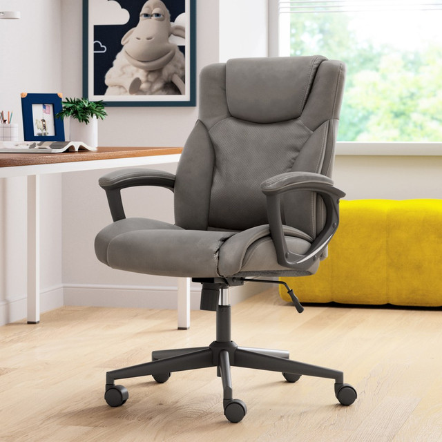 An attractive office chair can act as an eye-catching accent to your offices decor. The stylish upholstery and eye-catching base of this high-back chair combine to form an elegant look that suits just about any office area.  Overall Dimensions: 46 1/2inH x 25 1/2inW x 20inD.  Weight capacity tested to support 250 lb.  Soft, comfortable cushions offer a plush feel as you sit and work.  Lumbar feature supports your lower back and enhances the natural curve of your spine.  Waterfall seat cushion slopes slightly downward to help reduce stress on your legs.  Pneumatic height adjustment allows you to find just the right sitting position.  Adjustable tilt tension knob and recline lock-out functions let you sit back and relax.  Armrests are padded for added support and comfort.  Silver 5-star base includes dual-wheel, multisurface casters for easy movement from area to area.  Assembly required.  Bonded leather upholstery provides a classic look.  Tested to meet ANSI/BIFMA Performance Standards - Manufacturer testing has been conducted on this product to meet specific performance requirements and safety standards set forth by the American National Standards Institute (ANSI) and the Business and Institutional Furniture Manufacturers.