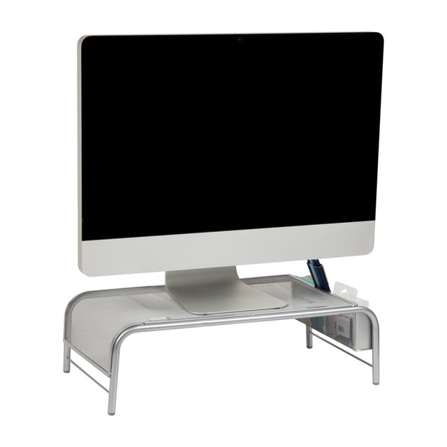Enhance Your Workstation with a Comfortable and Efficient Monitor Stand Maximize your work efficiency and reduce discomfort with this ergonomic monitor stand. Elevating your monitor or laptop to the appropriate height helps you maintain good posture, reducing strain and discomfort on your neck and shoulders. The sturdy mesh metal construction of this monitor stand ensures it can withstand the weight of most standard monitors and laptops, making it a durable addition to your workstation.  Reduce pain: Raising the monitor to eye level reduces joint and muscle pain  Increase your workspace: Keep office supplies arranged neatly in the side storage compartments and free up desk space  Durable design: The metal mesh construction of the monitor stand is sturdy and lightweight. It can hold up to 22lb (10kg)  Enhance your area: Add an air of sophistication to your desk with this modern monitor stand and organizer  Dimensions: This monitor stand is 20 long x 11.5 wide x 5.5 inches tall (50.8 x 29.21 x 13.97 centimeters)