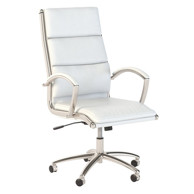 With an elegant design and a variety of color options to choose from, the Modelo High Back Leather Executive Office Chair is the ideal seating solution to reflect your personal sense of style. An attractive combination of leather and chrome guarantees to impress in any workplace, and the cushioned upholstery provides comfort through a full workday.  Overall Dimensions: 24inW x 26 7/9inD x 43inH  Chair weight capacity tested to support 275 lb.  Elegant design with bonded leather upholstery gives the Office Chair an upscale appearance.  Tilt function with tension adjustment lets the user customize the rate and ease of recline.  High back chair limits strain on the upper back, shoulders and neck for all-day use.  Armrests are ergonomically contoured and feature soft padding for maximum comfort.  Chair rolls freely on dual-wheeled casters  360 degree swivel control gives full range of motion.  Choose from 9 unique color options to find the perfect style for your workspace.  Seat measures 20inW x 20inD and adjusts from 19-23inH  Backed by the Bush Business Furniture 5-Year Manufacturers Warranty. For additional information, please visit: www.bushbusinessfurniture.com.ReturnsExchanges  Assembly Required.  Standard Delivery Service. Furniture is delivered unassembled.  Tested to meet ANSI/BIFMA Performance Standards - Manufacturer testing has been conducted on this product to meet specific performance requirements and safety standards set forth by the American National Standards Institute (ANSI) and the Business and Institutional Furniture Manufacturers.
