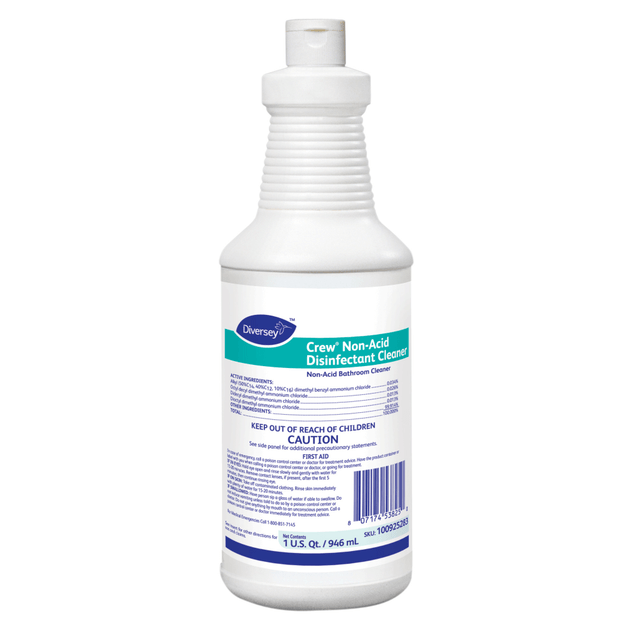 Crew Non-Acid Disinfectant Cleaner is a neutral non-acid, multi-surface restroom disinfectant cleaner.  Kills HIV, HCV, and HBV on pre-cleaned hard non-porous surfaces/objects previously soiled with blood and body fluids  Product eliminates odors and quickly cleans by removing dirt, grime, mold, mildew, body oils, dead skin, and blood  Meet OSHAs bloodborne pathogen standard and kills bacteria and viruses in 10 minutes  Non-abrasive ready-to-use liquid disinfectant with a fresh scent  Use on hard, non-porous restroom surfaces: glazed ceramic tile, glazed porcelain, chrome, stainless steel and plastic surfaces associated with floors, walls, fixtures, toilets, urinals, sinks, shower rooms and locker rooms.