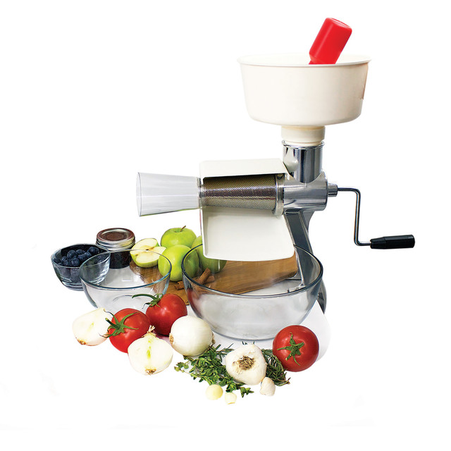 Strain and puree fruits and vegetables with the CAREY Food Strainer With Clamp Base. The heat-resistant hopper and cast-aluminum strainer body afford durability, while the easy-to-turn handle provides ergonomic comfort. The clamp base offers secure attachment.  Heat-resistant hopper and cast-aluminum strainer body afford durability.  Rustproof stainless-steel screen.  Clamp base offers secure attachment.  Easy-to-turn handle provides ergonomic comfort.  Designed for use with 3/4in to 1-7/8in countertops.  Compatible with FDST-BSCY, FDST-GSCY, FDST-PSCY, and FDST-SSCY models (sold separately).  Includes hopper, splatter guard, base, rubber gasket, screen, waste funnel, shaft, spring, red spiral auger, body, handle and food pusher.