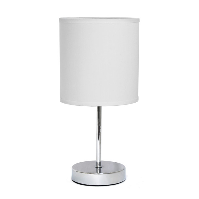 Colorful table lamp gives your area a great look  Chrome base is weighted for extra stability.  Fabric shade helps give your room a vibrant, cheery appearance.  Uses a 40W type-B E12 candelabra-base bulb (not included).  Designed for placement on a table.  Rotary on/off switch for easy operation.  5ft cord allows flexible placement.  UL listed for safety.  Save time - no assembly required.  Fabric shade  Mini chrome base  Perfect for living room, bedroom, office, kids room, or college dorm  Height: 11in Shade diameter: 5.51in  Uses 1 x 40W type B E12 Candelabra Base bulb (not included)