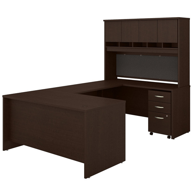 The Series C 60inW U Shaped Desk with Hutch and Mobile File Cabinet combines classic styling with the commercial quality construction needed for todays work environments. Built to endure the rigors of a busy professional office, the durable thermally fused laminate work surface and sturdy end panels preserve its appearance throughout years of use.  Bundle includes: 60inW x 30inD Office Desk, 60inW x 24inD Credenza Desk, 48inW x 24inD Desk Bridge, 60inW 4 Door Hutch, 3 Drawer Mobile File Cabinet.  Durable thermally fused laminate surface and sturdy end panels protect the U Desk from scratches, stains, dings and dents.  U Shaped Desk accommodates materials and equipment with two wire management grommets and a 200 lb. weight capacity.  Locking File Cabinet includes one full-extension drawer for letter, legal and A4-size paperwork and two drawers for miscellaneous office supplies.  Desk Hutch conceals reference materials behind four cabinet doors while five open shelves organize work-in-progress  tackboard sold separately.  Available in your choice of four traditional finishes: Hansen Cherry, Natural Cherry, Mocha Cherry and Mahogany.  Assembly required.  Backed by the Bush Business Furniture 10-Year Manufacturers Warranty. For additional information, please visit: www.bushbusinessfurniture.com/ReturnsExchanges  Standard Delivery Service. Furniture is delivered unassembled.  Tested to meet ANSI/BIFMA Performance Standards - Manufacturer testing has been conducted on this product to meet specific performance requirements and safety standards set forth by the American National Standards Institute (ANSI) and the Business and Institutional Furniture Manufacturers.  This product is heavy and/or oversized and may need more than one person to handle.