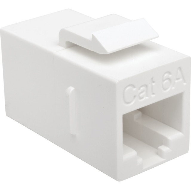 Strengthen your high-speed network with Tripp Lites N235-001-6A Cat6a Straight-Through Modular In-Line Snap-In Coupler. It connects two Cat6a patch cords to create one longer cable, and its keystone design is perfect for convenient feed-through patching when used with a standard data wallplate(such as Tripp Lites N042-001-WH). Built for ultra-fast performance, this is an ideal coupler when setting up premise wiring, voice/data networking, telecommunications and Ethernet connections. Compatible with all Cat6a cables, regardless of what size wire they use, the N235-001-6A features straight-through wiring and 50-µinch gold-plated contacts designed to resist corrosion. The durable, high-impact polycarbonate housing resists scratching and is colored white to blend in with any color scheme. This coupler is UL-listed and meets all requirements for EIA/TIA Category 6A compliance. Its also backward compatible with Cat6, Cat5e and Cat5 LANs.   Compatible with all Cat6a cables  Heavy-duty polycarbonate housing  50-µinch gold-plated contacts on RJ45 jacks  Backward compatible with Cat6, Cat5e and Cat5 LANs  Keystone design for use with standard data wallplate
