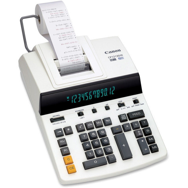 From the very first tap on the soft-touch keys, you instantly feel the ergonomic design that is built into the CP1213DIII Commercial Desktop Printing Calculator.  Versatile features perform almost any type of business or financial calculation.  12-digit printing calculator also includes a 17mm fluorescent display and two-color ribbon printing.  Print 4.8 lines per second.  Positive numbers are printed in black, and negative numbers are printed in red.  Functions include memory storage, independent memory with accumulation function, constant multiplication and division, averaging and pairing calculation, delta percentage calculation, up/off/down rounding, item count, markup, and markdown.  Decimal positions are in add mode, 0, 2, 3, 4, 6, +1, +2 and floating.  Calculator runs on AC power.