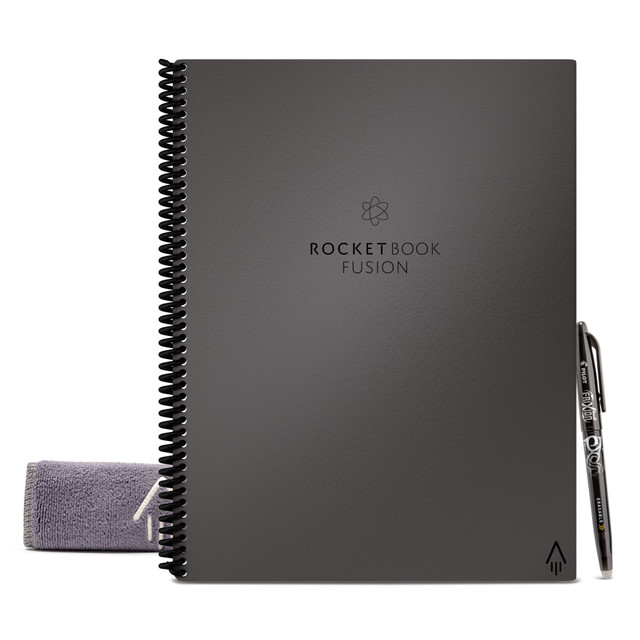 The Rocketbook Fusion Smart Reusable Notebook is designed for every classroom, office, and personal mission! The Fusion is a reusable, eco-friendly pen and paper notebook with seven different page templates with 42 pages that connect to your favorite cloud services for endless use. The Futuristic reusable pages are packed with 7 different page styles including tasks list, weekly planner, monthly calendar, OKR goal template, ideas list, dot-grid and lined pages. Fusion pages are made with patented reusable Rocketbook technology, providing an extremely smooth writing experience. This synthetic paper allows you to write smoothly with a Pilot FriXion pen, then magically erase with a drop of water so you can reuse your Fusion for your next adventure! Blast your handwritten notes with this digital notebook to popular cloud services like Google Drive, Dropbox, Evernote, box, OneNote, Slack, iCloud, iMessage, email and more using the free Rocketbook app for iOS and Android. The apps OCR functions can also automatically name your files and transcribe your notes to text! Digitally scan your notes to save and share with colleagues, students and friends. This eco-friendly, smart, reusable notebook comes with a Pilot Frixion Pen and a Microfiber Cloth for easy clean up.  No more wasting paper - this eco- friendly 42 page notebook has 7 different page styles for planning, listing, goal setting, note-taking, sketching, and sharing big ideas.  Blast your handwritten notes to popular cloud services like Google Drive, Dropbox, Evernote, box, OneNote, Slack, iCloud, iMessage, email and more using the free Rocketbook app for iOS and Android.  Takes only seconds for ink from any Pilot FriXion pen, marker, or highlighter to dry and bond to our specialized pages. Easy clean up with a damp cloth or the microfiber cloth to start over.  Feels like real paper with an incredibly smooth writing experience. All 42 pages include task list, weekly planner, monthly calendar, OKR goal template, idea list, dot-grid, and lined pages.  Great for home, school or work, the Rocketbook Notebook is a perfect addition to your office supplies order.  Includes 1 Rocketbook Fusion Letter Size (8.5in x 11in) Smart Notebook, 1 Pilot FriXion Pen and 1 Microfiber Cloth.